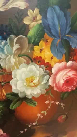 Bodegón floral en lienzo.AL ÓLEO.