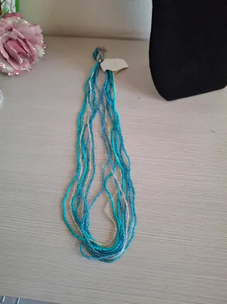 Collana lunga perline azzurro e argento
