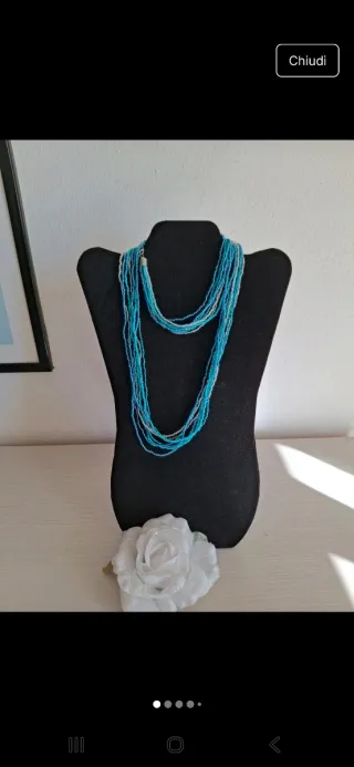 Collana lunga perline azzurro e argento