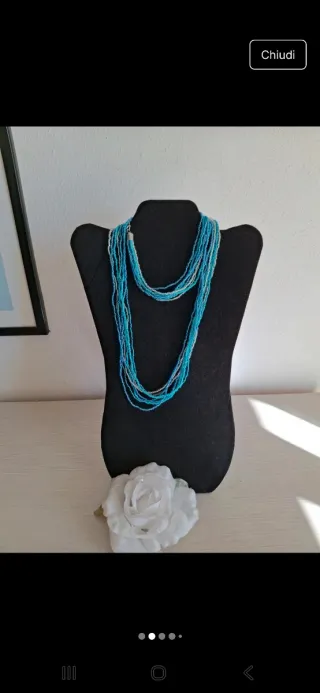Collana lunga perline azzurro e argento