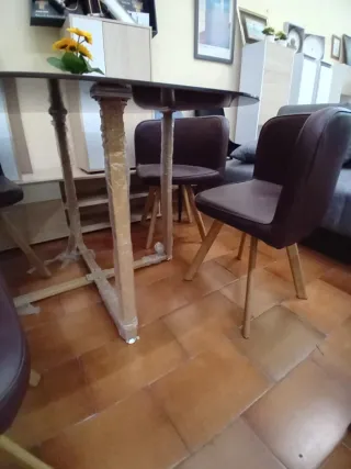 Mesa de terraza cristal y madera con 4 sillas.