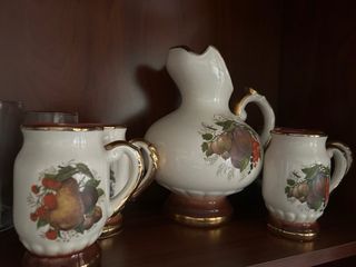 Jarra y tazas cerámica vintage frutero