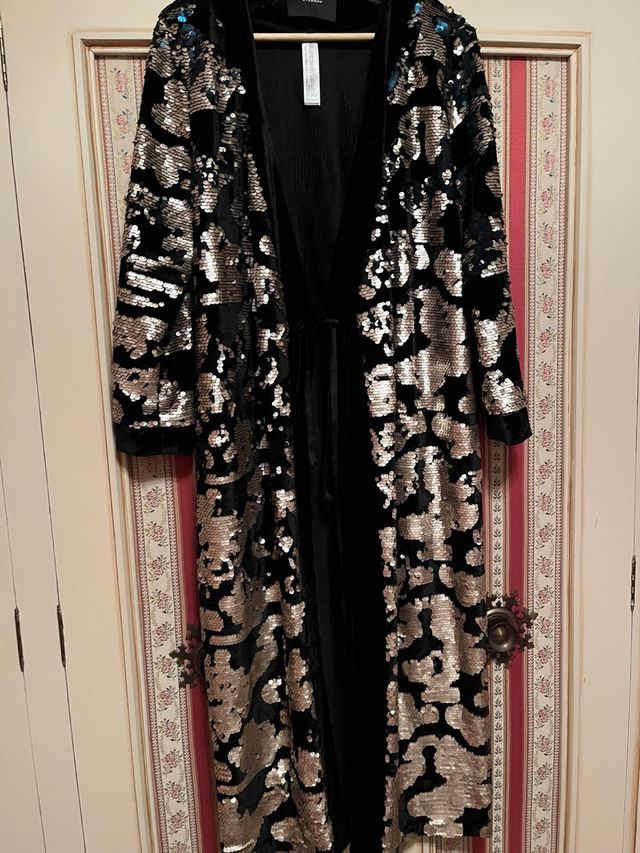 Cappotto da festa lungo con paillettes nere/dorato T.M