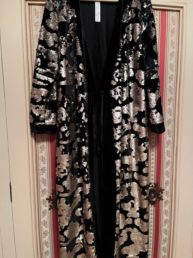 Cappotto da festa lungo con paillettes nere/dorato T.M