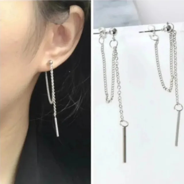 Pendientes largos plateados con cadena