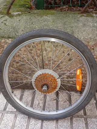Rueda de bicicleta con piñonera oxidada