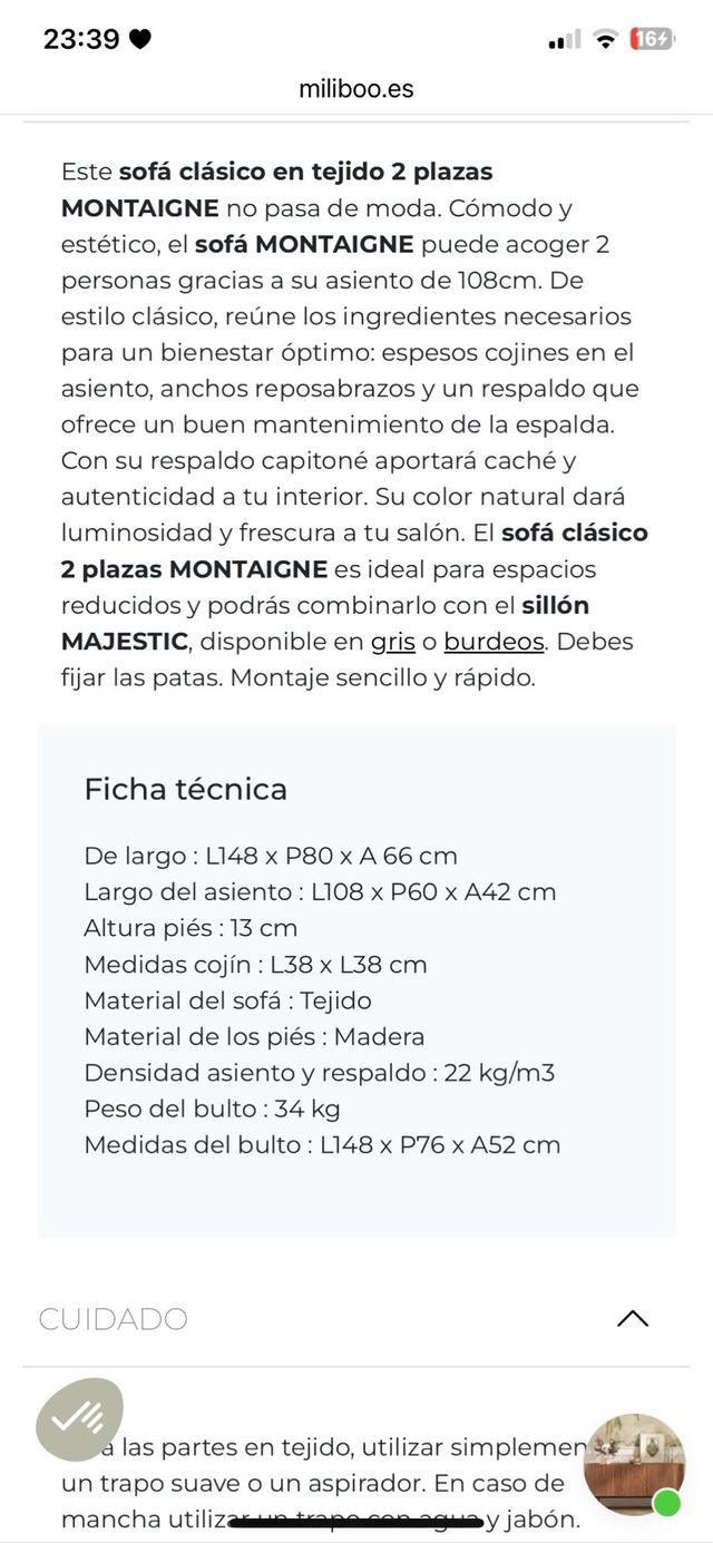 Sofá de 2 plazas color crema