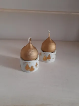 Set 2 portacandele porcellana con candele oro