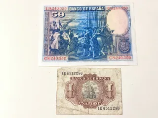 Lote 2 Billetes 1 y 50 Pts 1953 y 1928