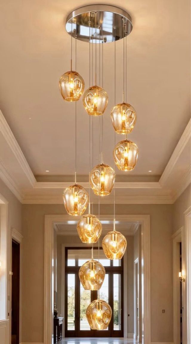 Lampada a sospensione 10 sfere in cristallo dorato