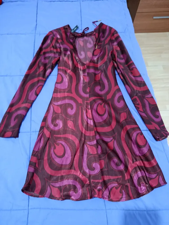 Vestido Mango Rojo Morado Mangas Largas