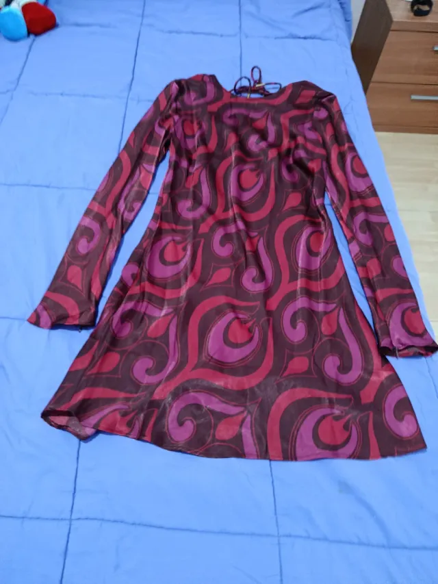 Vestido Mango Rojo Morado Mangas Largas