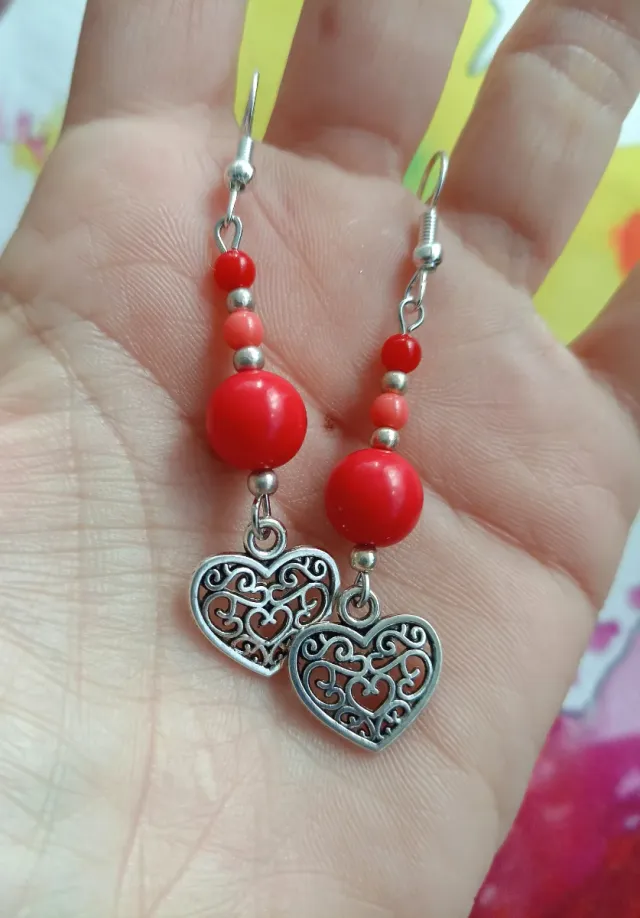 Pendientes Corazón Filigrana Rojo