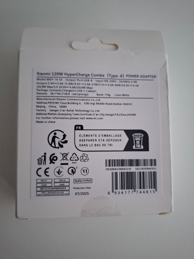 Cargador Xiaomi 120W Hyper Charge Combo 12e