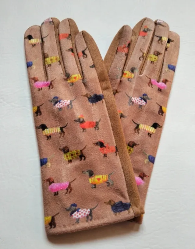Guantes perritos teckel marrones y multicolor