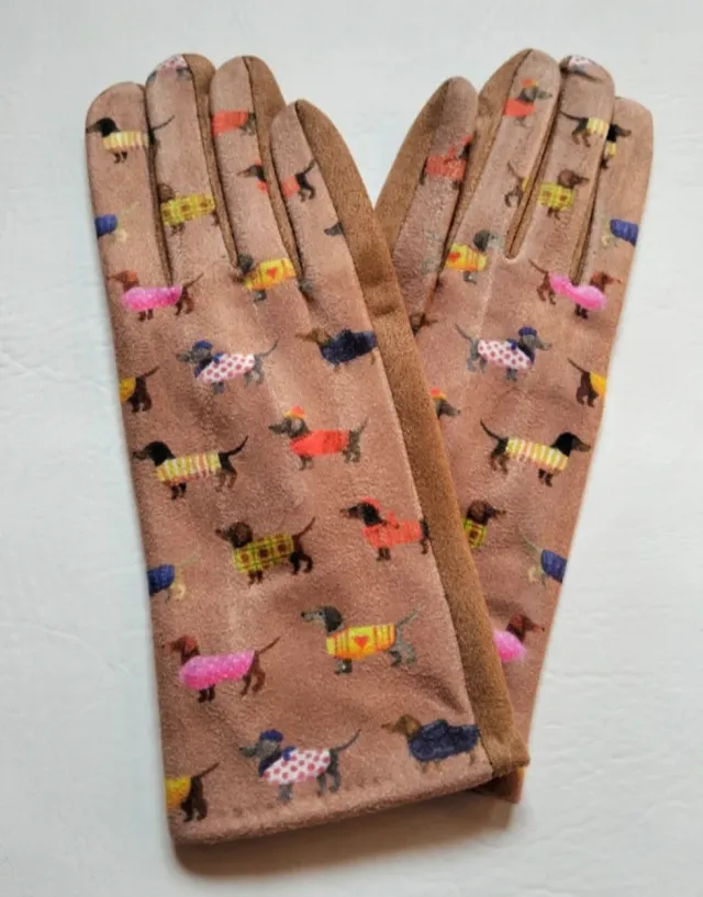 Guantes perritos teckel marrones y multicolor