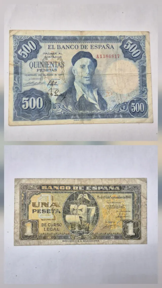 Lote 2 Billetes Españoles 500 y 1 Peseta BC