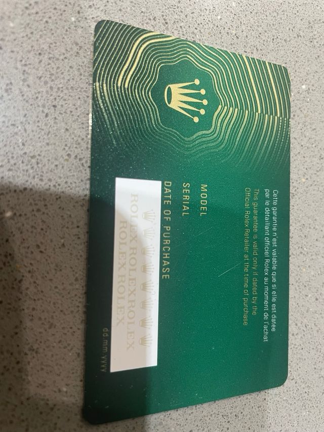 Tarjeta Garantía Internacional Rolex