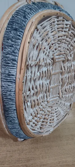 Cesta bandeja mimbre ratán con asas madera