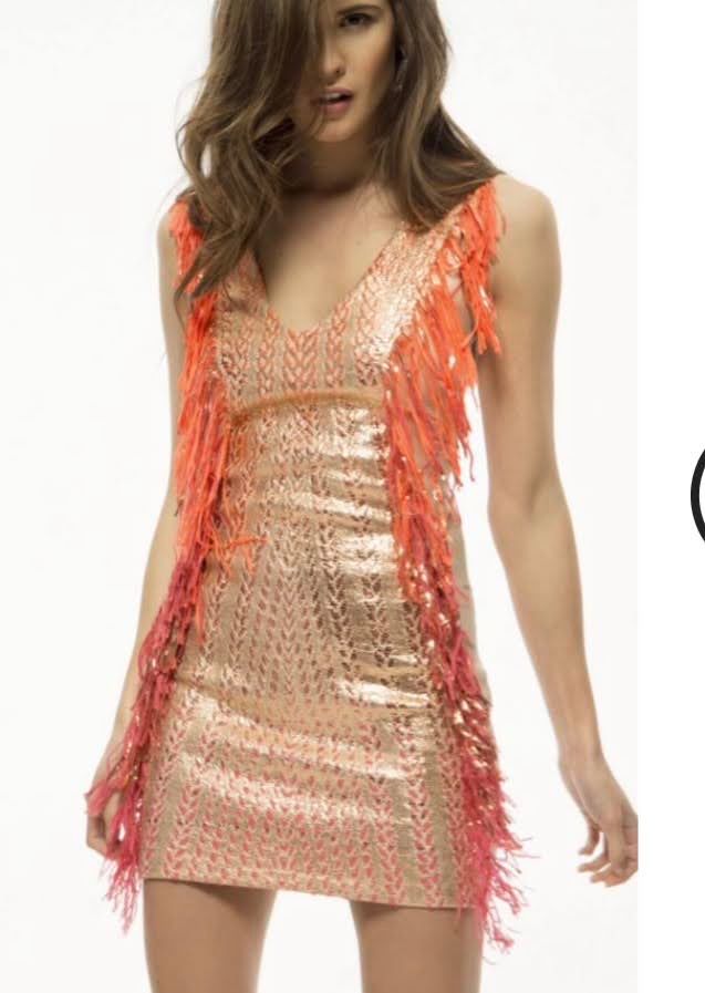 Vestido fiesta lentejuelas oro y flecos rojos