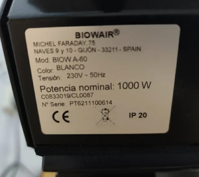 Purificador de aire Biow 60 Manual y kit montaje