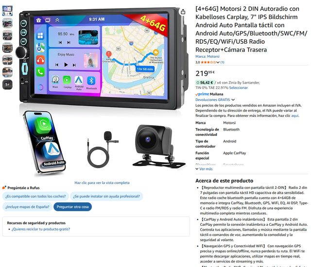 Autoradio 2 DIN con Carplay de 7" con GPS, WiFi...