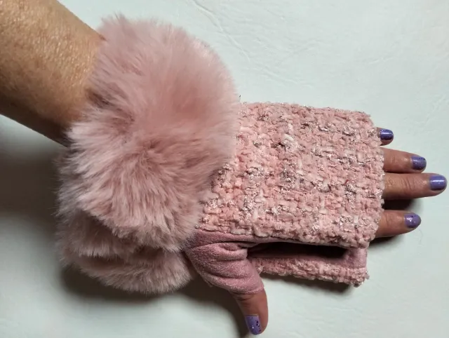 Guantes sin dedos rosa tweed y pelo
