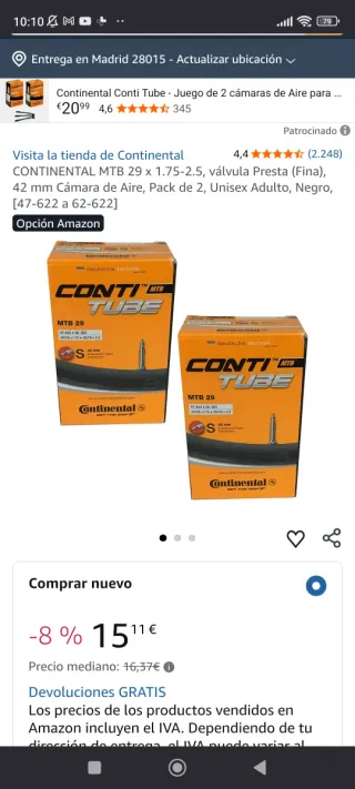 1 camara aire Continental cotitube 29" Válvula Fin