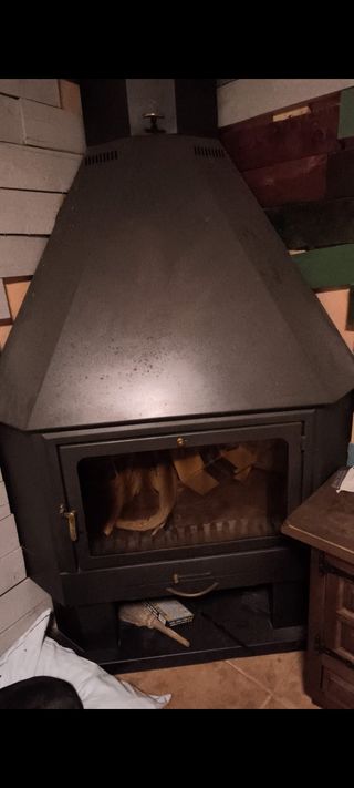 Chimenea metálica negra con puerta de cristal