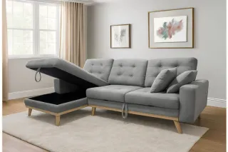 Sofá cama modular gris con almacenaje