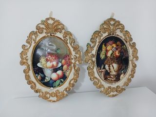 Coppia Quadri Gesso Ovale Frutta Oro