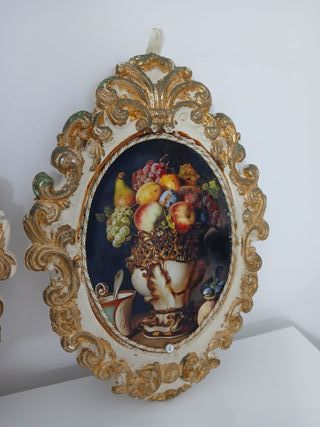 Coppia Quadri Gesso Ovale Frutta Oro