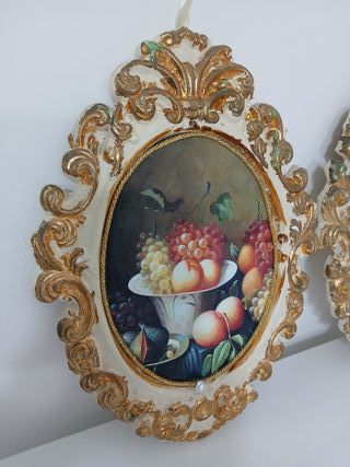 Coppia Quadri Gesso Ovale Frutta Oro
