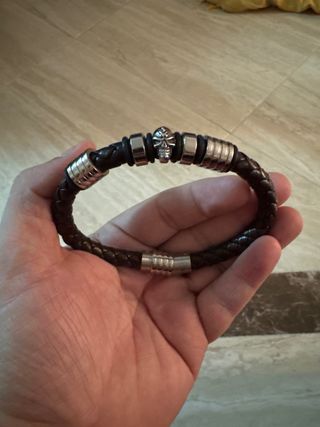 Pulsera Cuero Trenzado Calavera Acero
