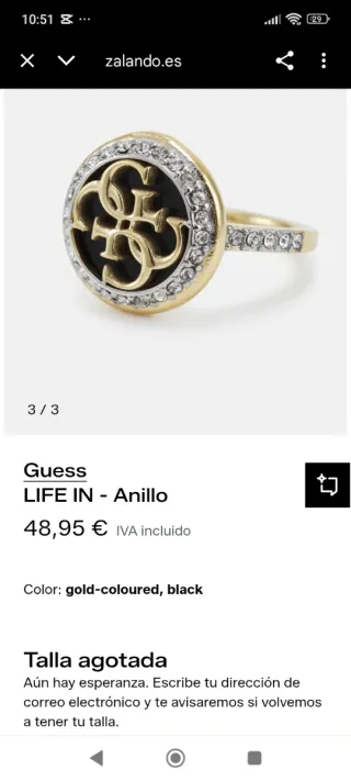 Anillo Guess LIFE IN oro y negro