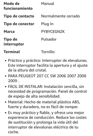 Mando Botonera Elevalunas para Peugeot 207 CC SW 2