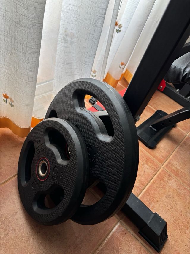 Banco de pesas con barra, mancuernas  y discos