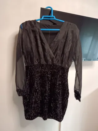 Vestido fiesta lentejuelas manga transparente