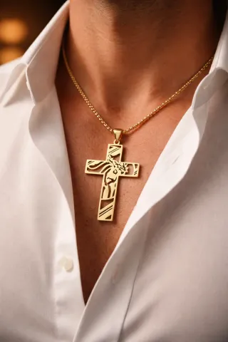 Collar Cruz Acero Dorado Hombre