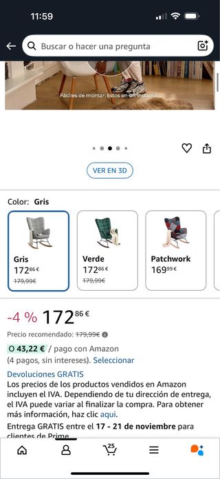 Sillón Mecedora Tela Gris