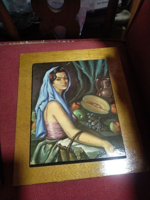 Cuadro bodegón mujer y frutas madera 25x25