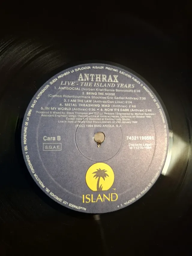 Anthrax Live The Island Years Vinilo VG carpeta Nm