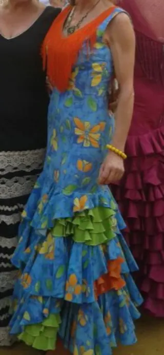 Vestido Rociero/romero Azul con Flores y Volant