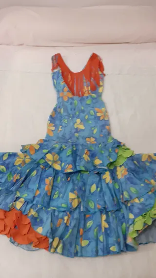Vestido Rociero/romero Azul con Flores y Volant