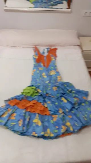 Vestido Rociero/romero Azul con Flores y Volant