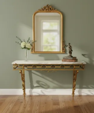 Consola vintage de forja dorada y mármol