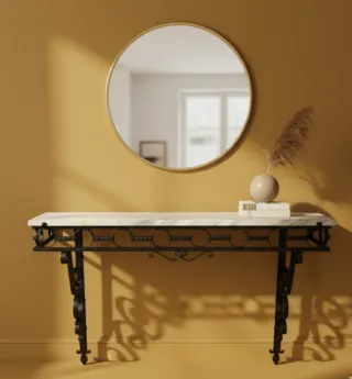 Consola vintage de forja dorada y mármol