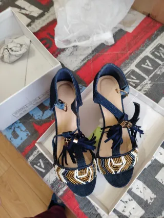 Sandalias Tiras Azul y Dorado