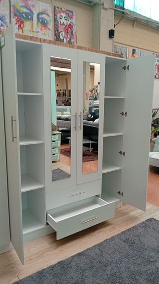 Armario 4 puertas gris y blanco con espejos