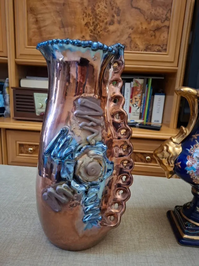 Jarrón Cerámica Metal Azul Marrón